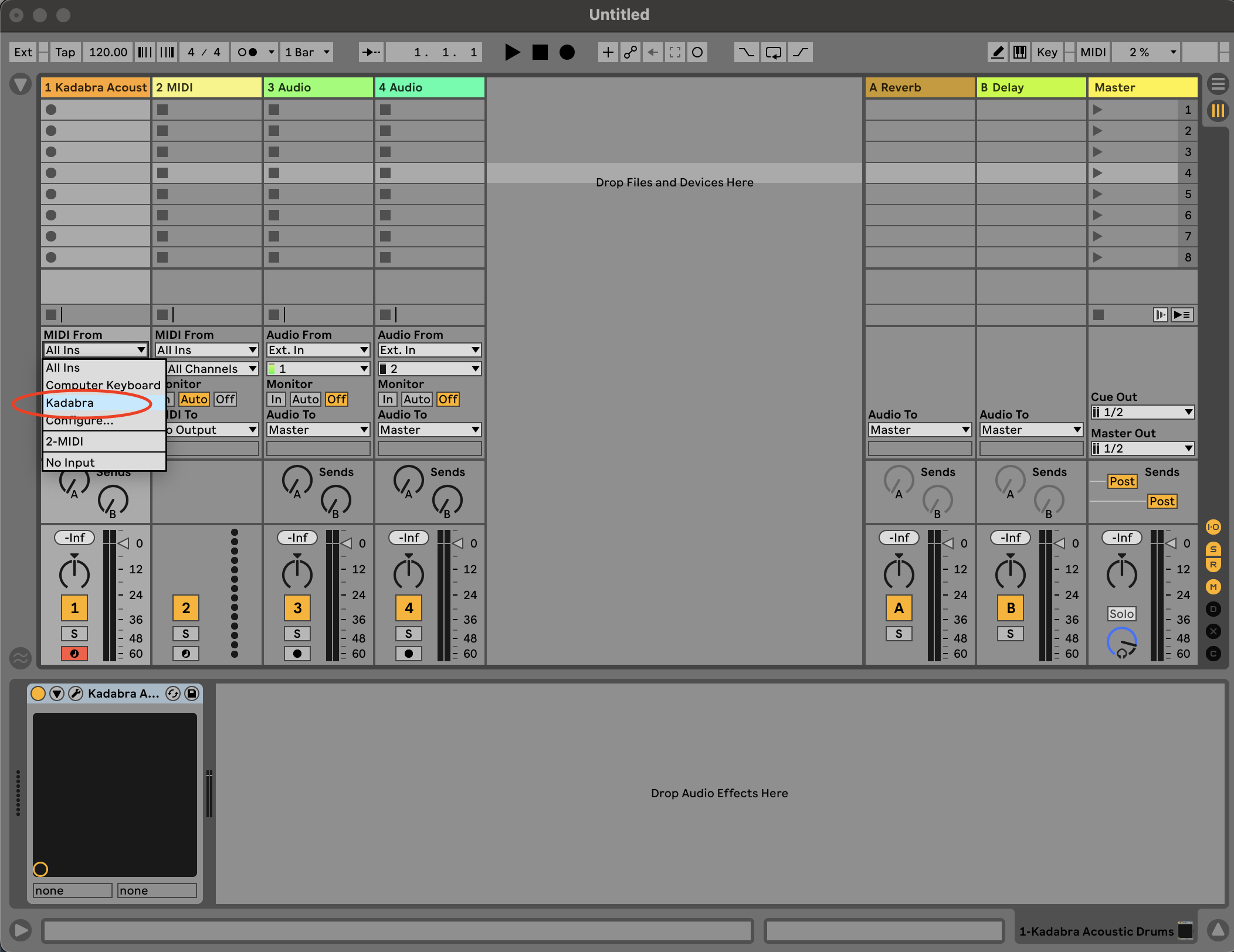 Choosing the Kadabra MIDI Port in Ableton Live