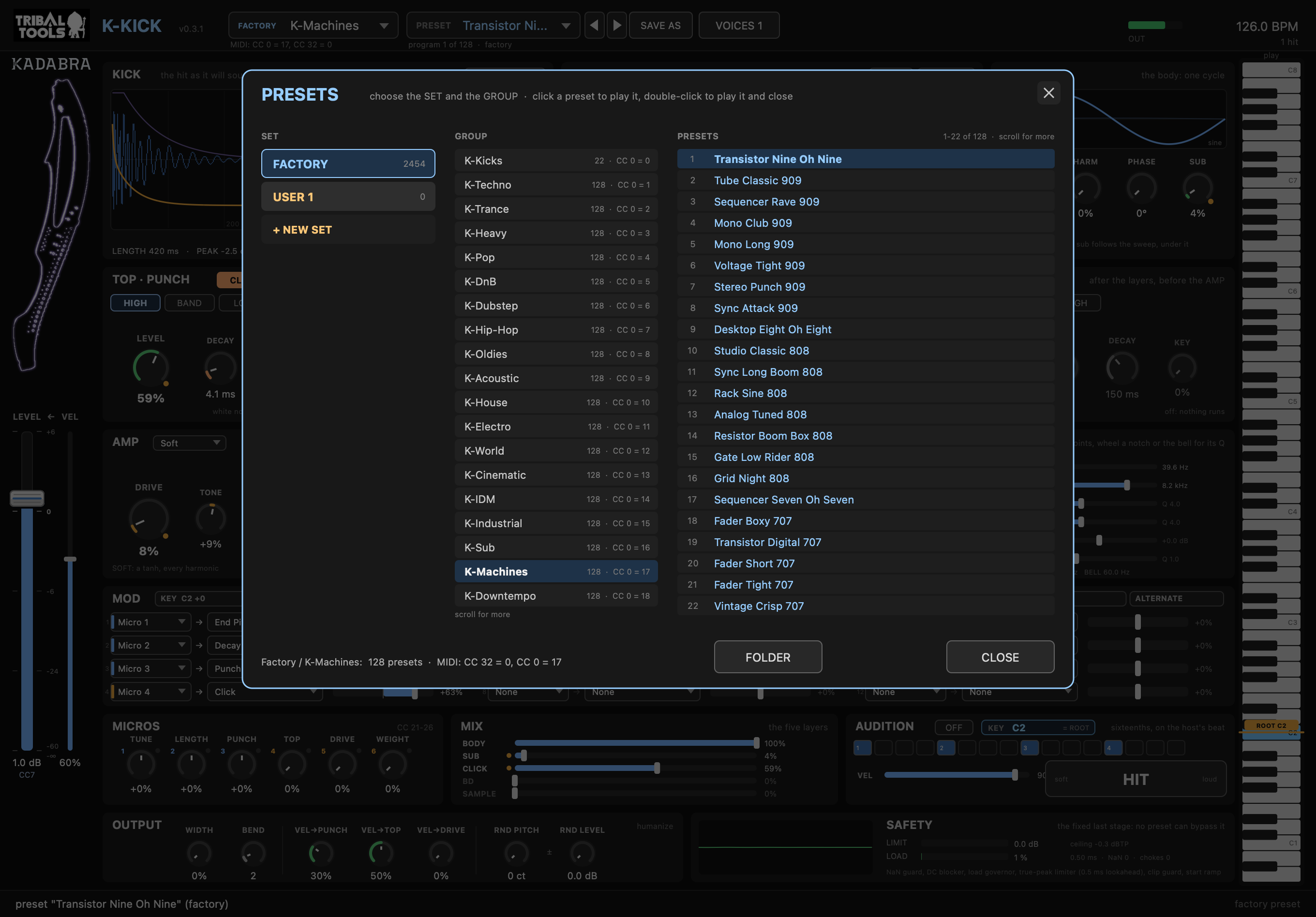 The K-Kick PRESETS panel with FACTORY and K-Machines chosen