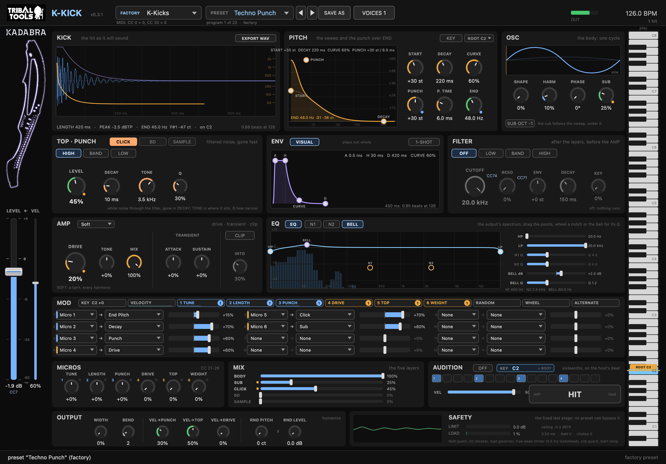 The K-Kick window with the Techno Punch preset