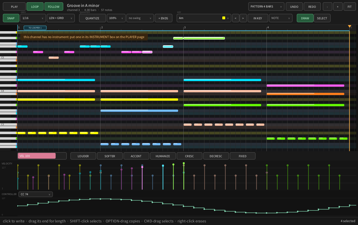 The MIDI editor on a 4-bar piece: buttons, grid, velocity lane and controller lane
