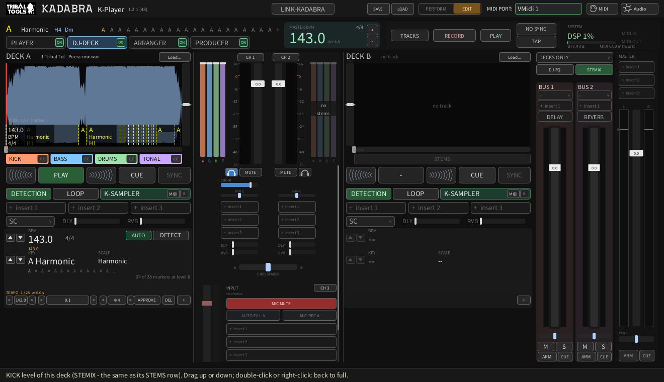 The DJ-DECK mixer with STEMIX on: four stem faders beside DECK A's fader, no stems on DECK B