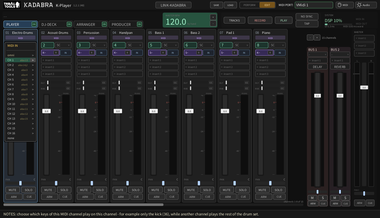 The MIDI IN list of strip 01, with a > at the right of every row