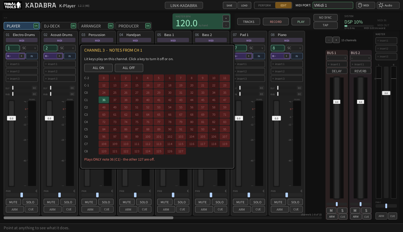 The NOTE FILTER's 128 keys open over the strips, with only key 36 lit