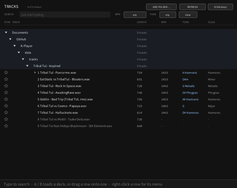 The TRACKS window with a folder of nine tracks