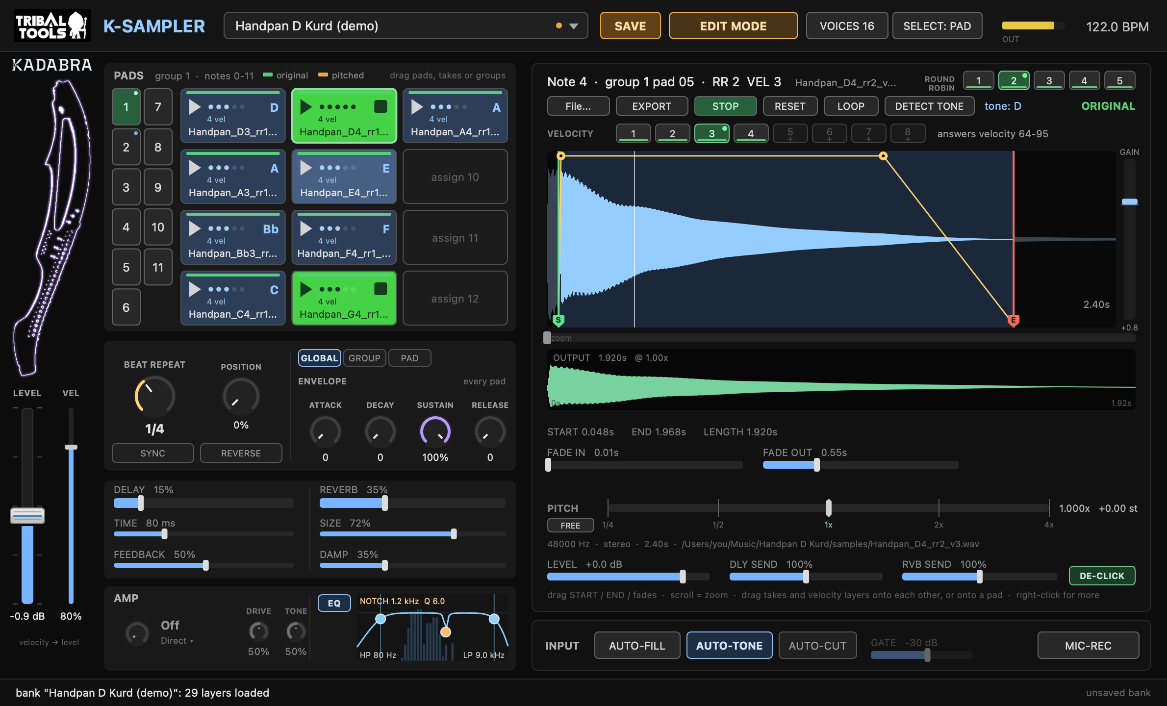 The EQ box in EDIT MODE with the EQ on: the spectrum behind the curve and the cutoff lines