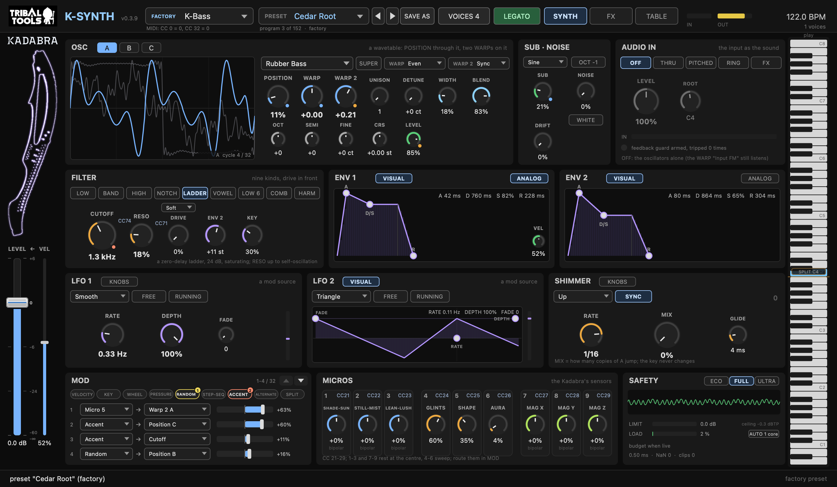 LFO 1 and SHIMMER switched to KNOBS, LFO 2 in VISUAL