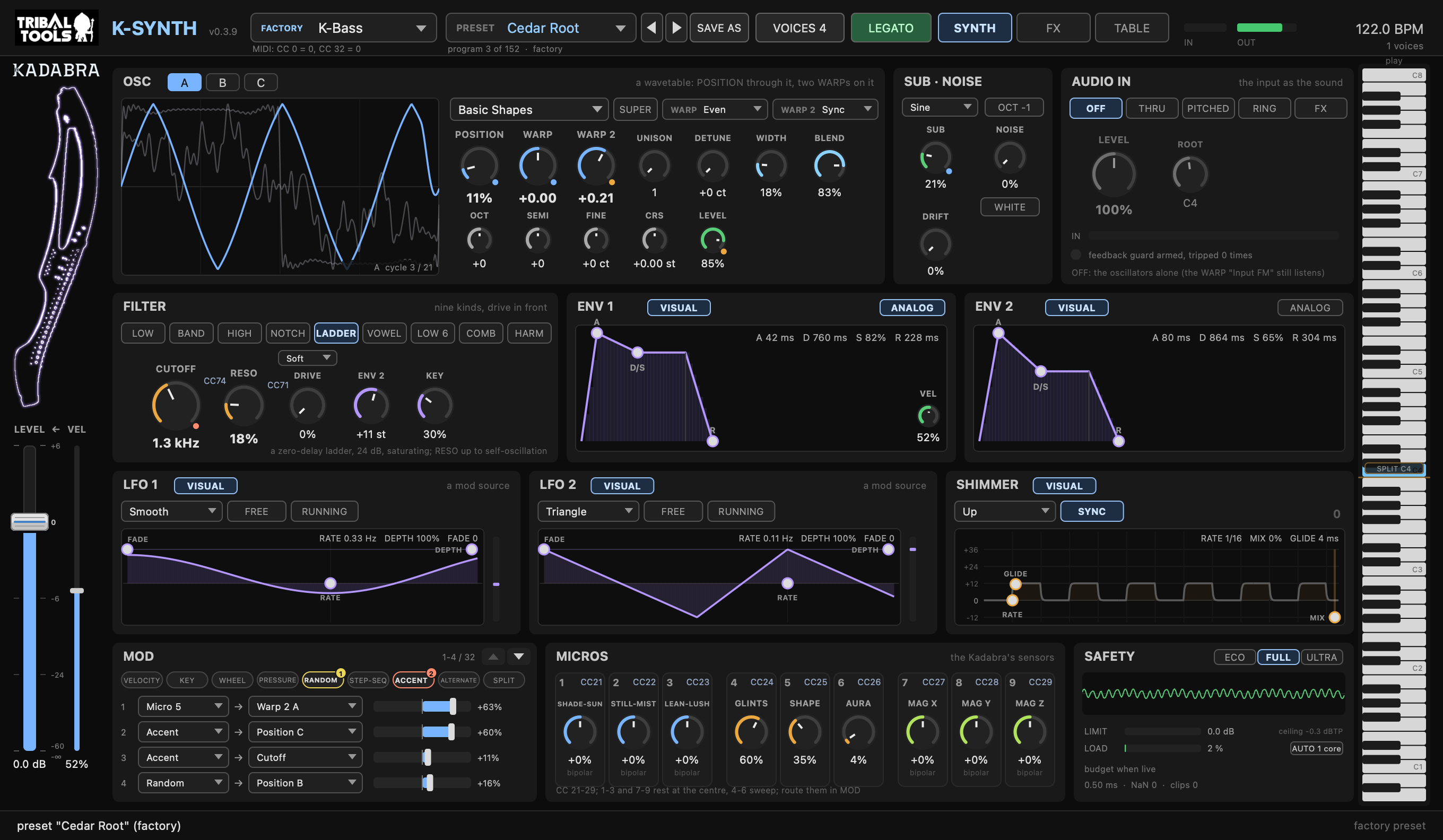 K-Synth SYNTH page with the OSC A tab chosen